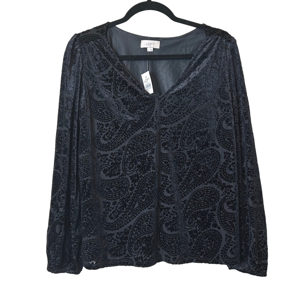 LOFT Witchy V-Neck Top Black Burnout Velvet Paisley Flowy Womens NWT M